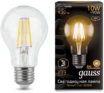 Лампа GAUSS филам. Filament A60 10Вт цок.:E27 груша 220B 2700K св.свеч.бел.теп.