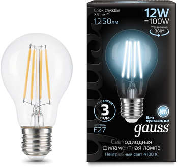 Лампа GAUSS светодиодная Filament 102902212 12Вт цок.:E27 груша 185B 4100K св.свеч.бел.нейт. грушевидная