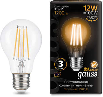 Лампа GAUSS светодиодная Filament 102902112 12Вт цок.:E27 груша 185B 2700K св.свеч.бел.теп. грушевидная