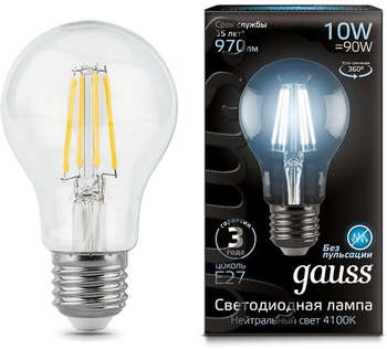 Лампа GAUSS филам. Filament A60 10Вт цок.:E27 груша 220B 4100K св.свеч.бел.нейт.