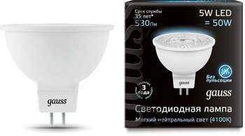 Лампа GAUSS светодиодная MR16 5Вт цок.:GU5.3 спот 220B 4100K св.свеч.бел.нейт. MR16