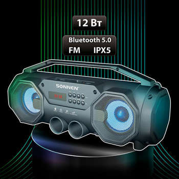 Портативная акустика SONNEN Колонка портативная с подсветкой B306, 12 Вт, Bluetooth, FM-тюнер, microSD, MP3-плеер, черная, 513479