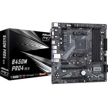 Материнская плата ASRock B450M PRO4 R2.0, Socket AM4, AMD B450, 4xDDR4-2667, D-SUB+DVI-D+HDMI, 2xPCI-Ex16, 1xPCI-Ex1, 4xSATA3