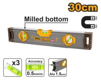 Инструмент INGCO_Handtools Пузырьковый уровень с мощными магнитами Ingco HSL38030M,30 см, 3 уровня HSL38030M