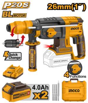 Перфоратор INGCO_Powertools Аккумуляторный BL 20В, 2,5 Дж, 2 х АКБ 4Ач и ЗУ CRHLI202289 CRHLI202289